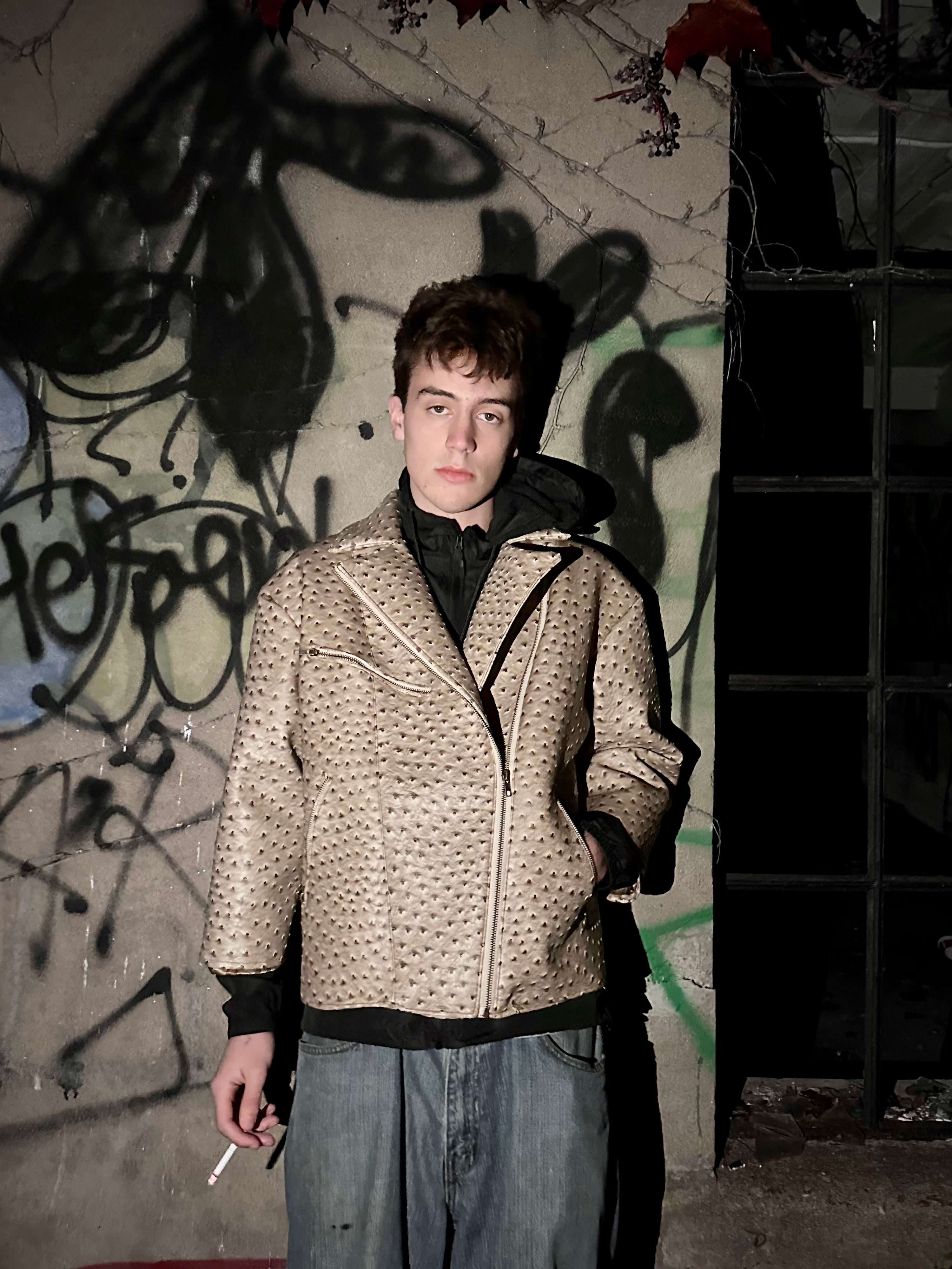 OSTRICH FOLLICLE PRINT BIKER JACKET