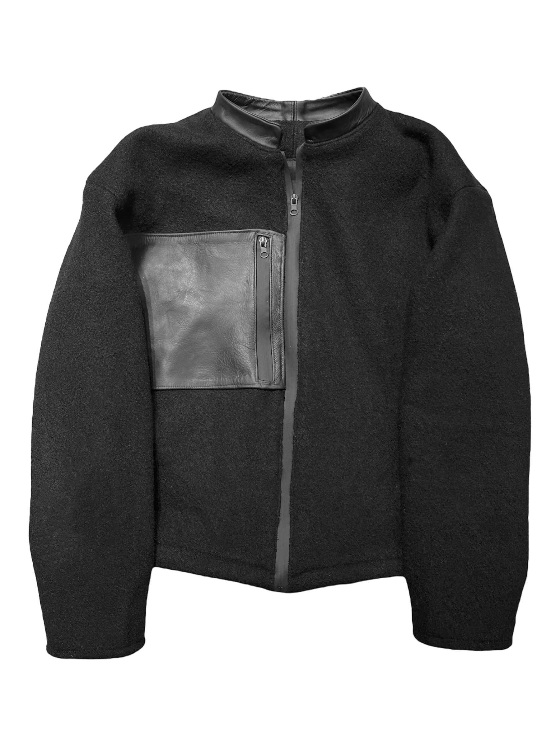 WATER REPELLANT BOILED WOOL ZIP-UP WITH LEATHER DETAILING